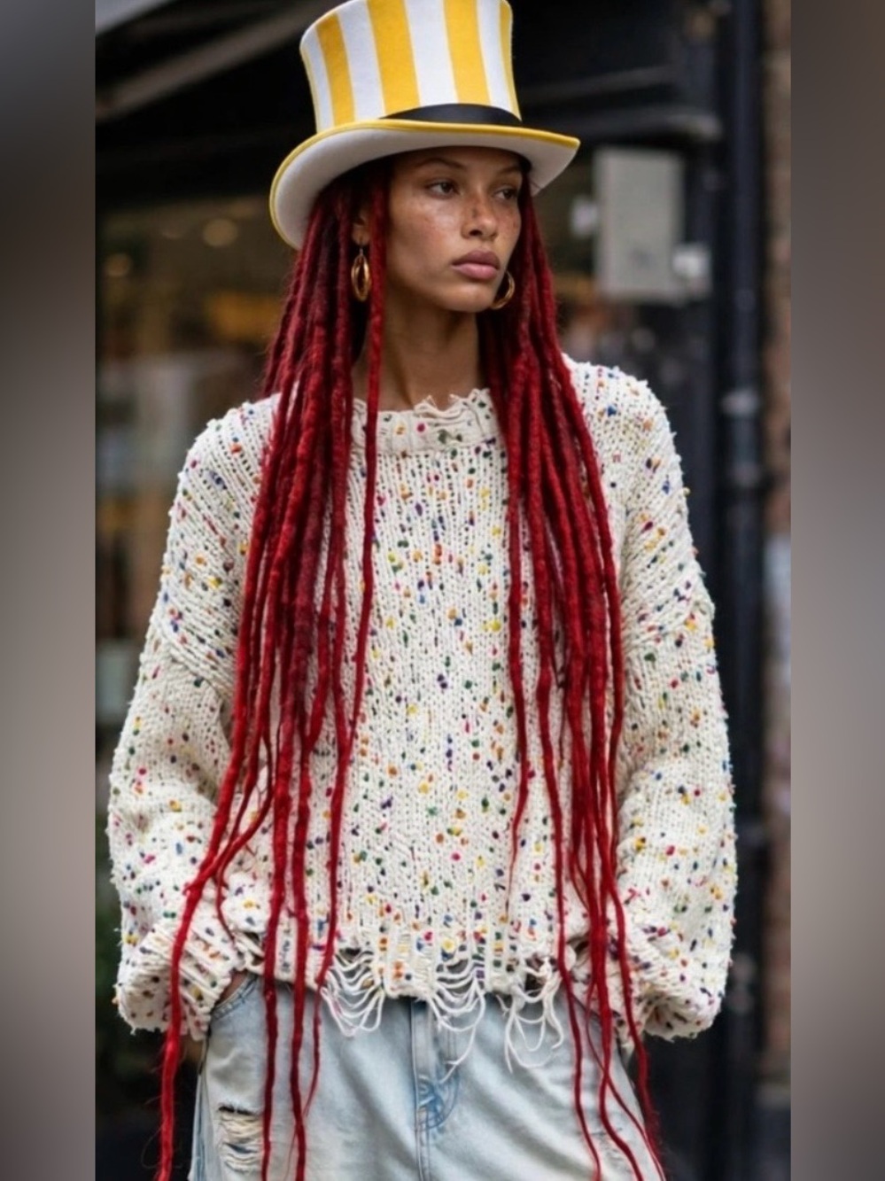POL “Confetti” Distressed Pullover in Cream w Multi-Coloured Embellishments